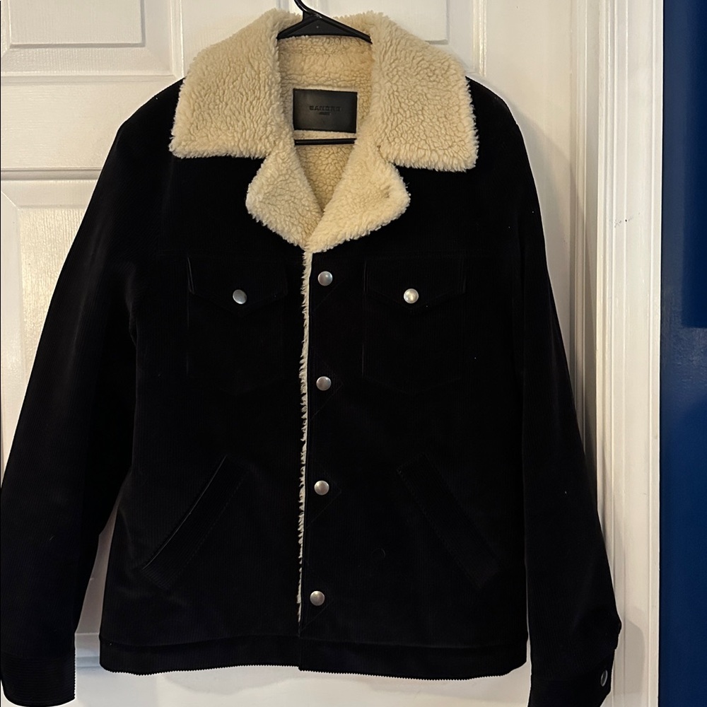 Man’s Sandro Black Corduroy Cream Faux Shearling Snap Up Jacket Size Large - Picture 2 of 8